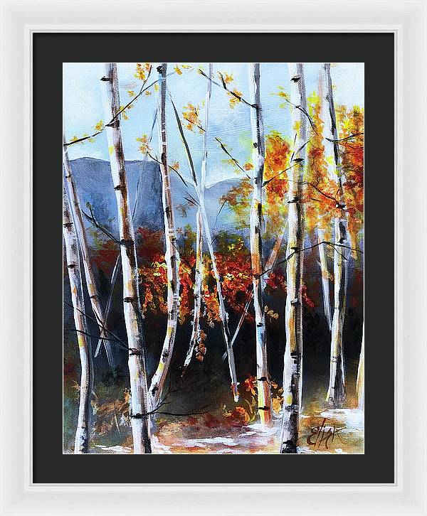 White Birch Tree Mountain Landscape - Framed Print